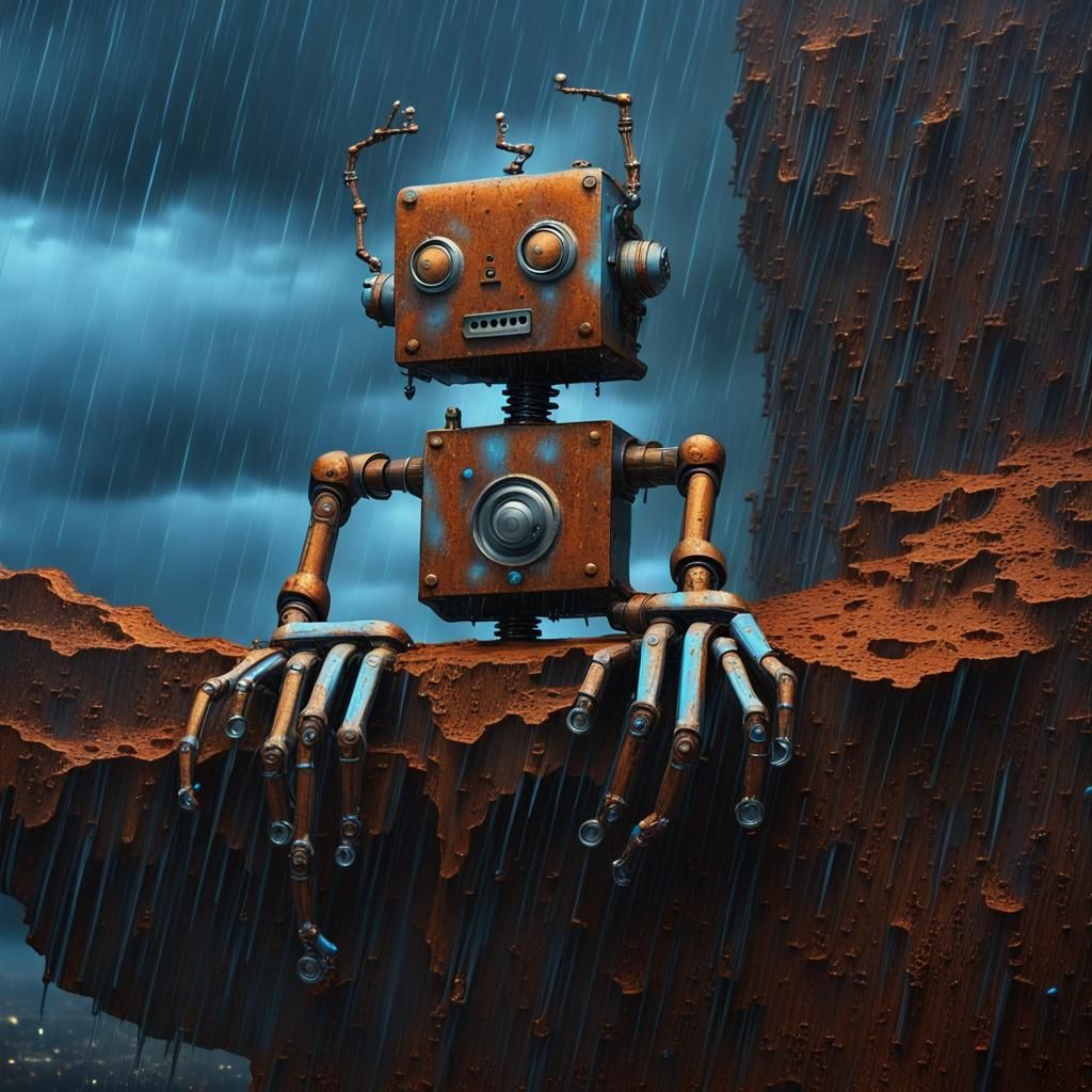 Robot Climbs Cliff in Surreal, Dreamlike Style