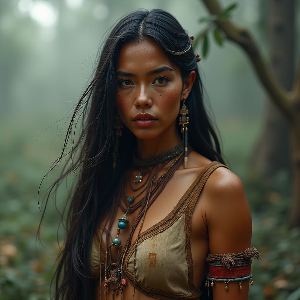 Mystical Native American Woman in Dreamlike Setting