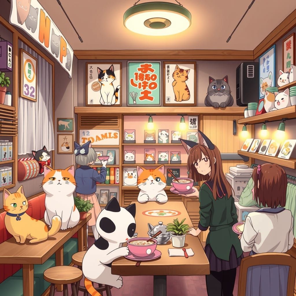 Anime-Style Cat Café with Whimsical Details