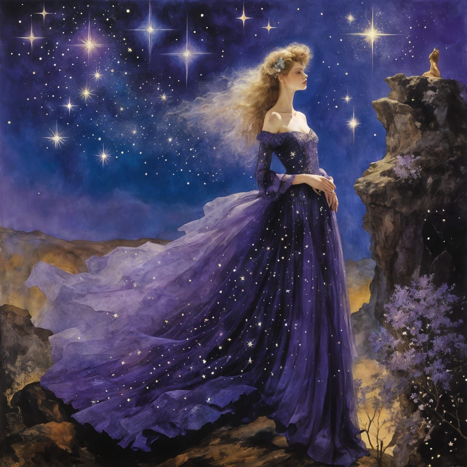 Surreal Romance Goddess Surrounded by Celestial Bodies in Ri...