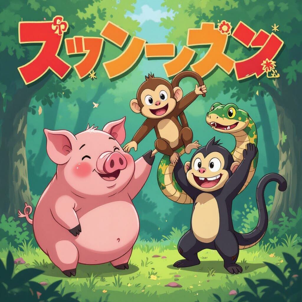 Anime Scene: Pig and Snake Hold Monkey Upside Down