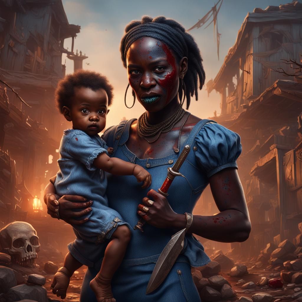 Scarred Woman with Infant: Detailed Matte Painting