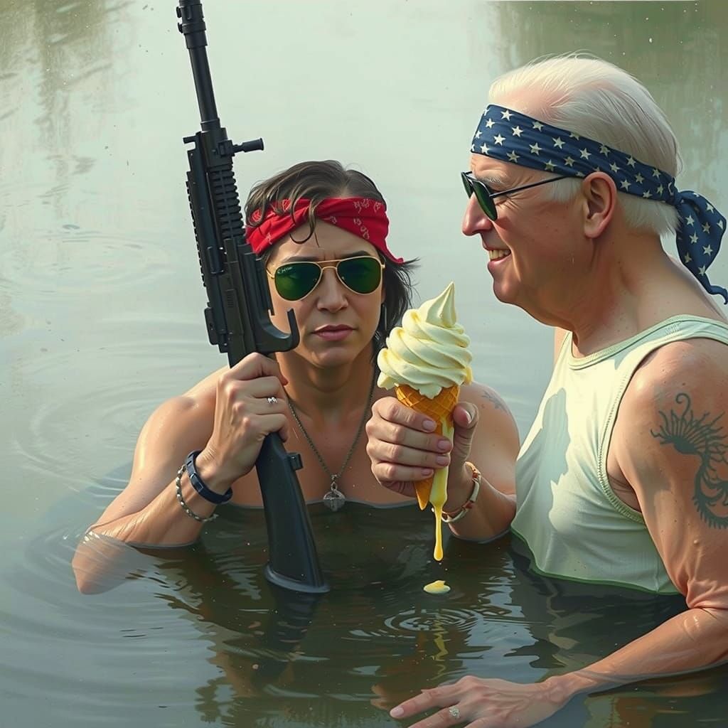 Rambo Emerges from Vietnam Waters with Machine Gun and Red H...