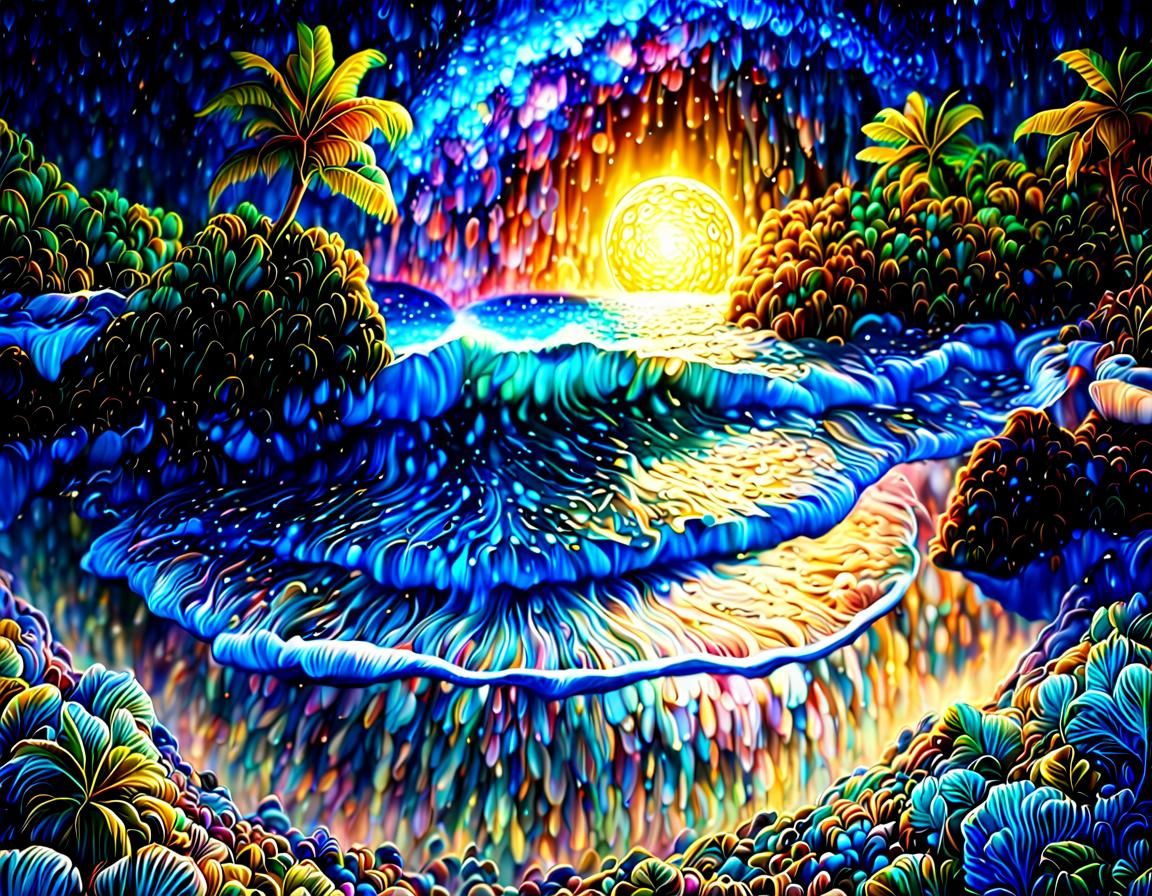 Tropical Island Oasis Under Milky Way Night Sky