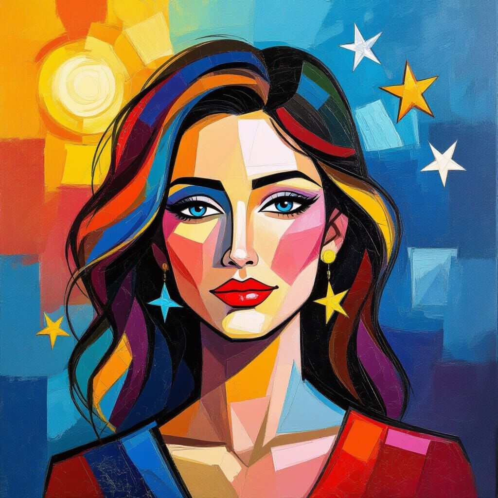 Woman with Star Hair, in Expressionist Oil Painting Style