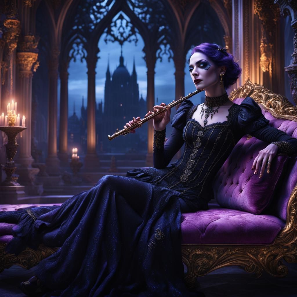 Gothic Girl Playing Flute in Lavish Setting