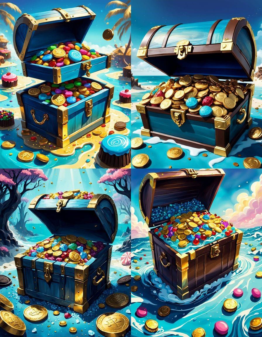 Blue chocolate ocean and gold chocolate coins in a chocolate treasure chest