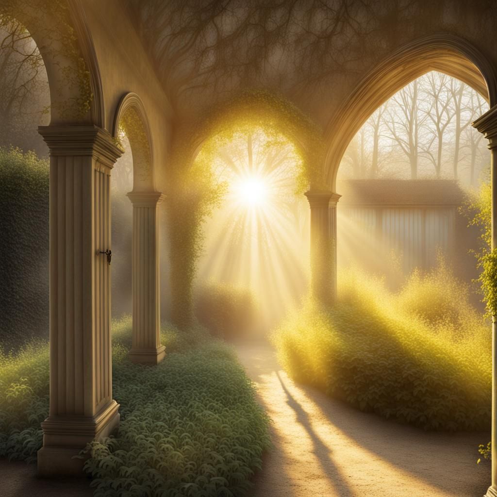 Surreal Walled Garden in Hazy Sunlight