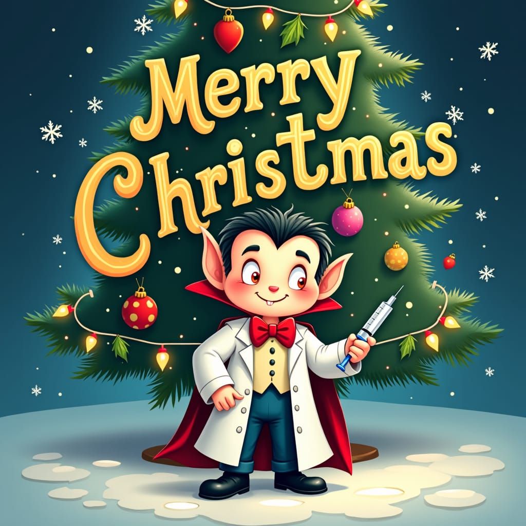 Cartoon Vampire Celebrates Christmas, Children's Book Illust...