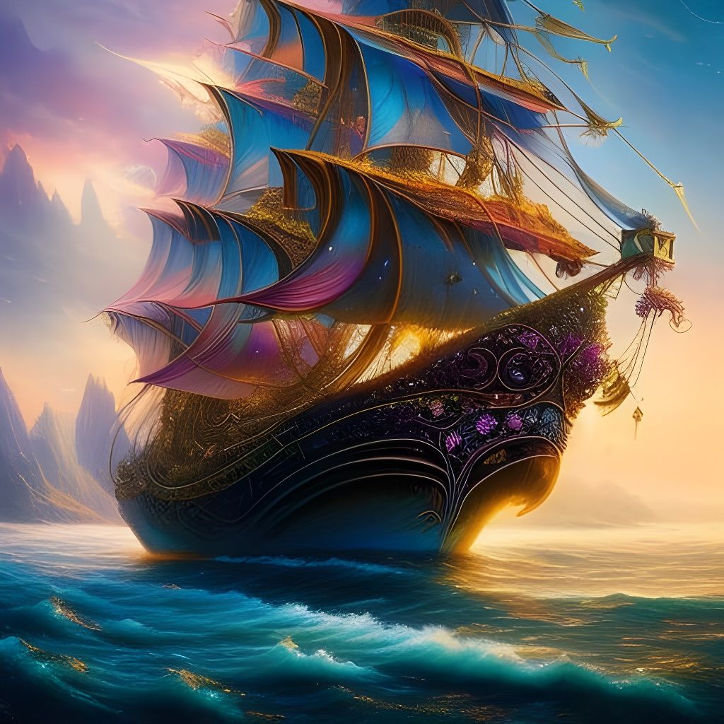 Enchanted Fairytale Steampunk Ship in Teal and Gold