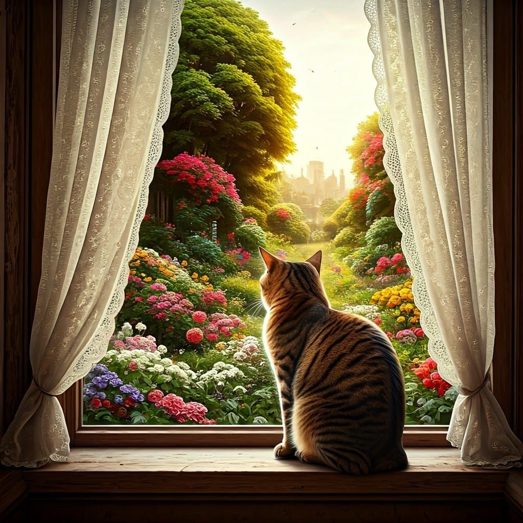 Regal Brown Tabby Cat in Whimsical Garden Scene