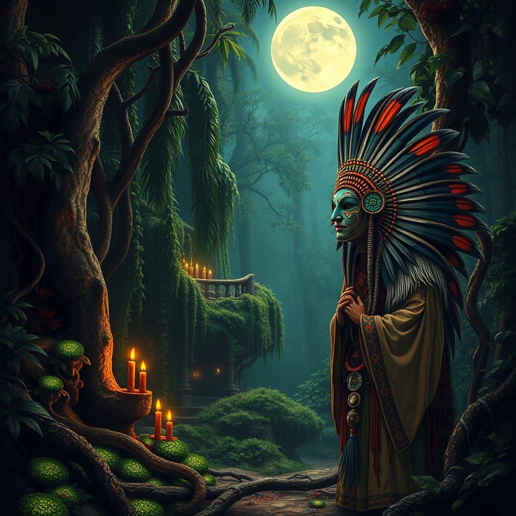 Guaraní Priest Ritual in Jungle Temple, Art Nouveau Style