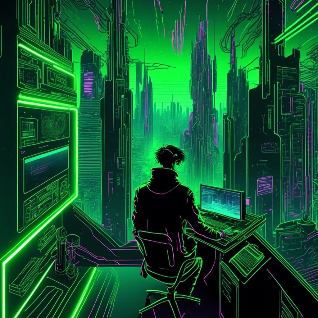 Cyberpunk Hacker in High-Tech Room with Synthwave Style