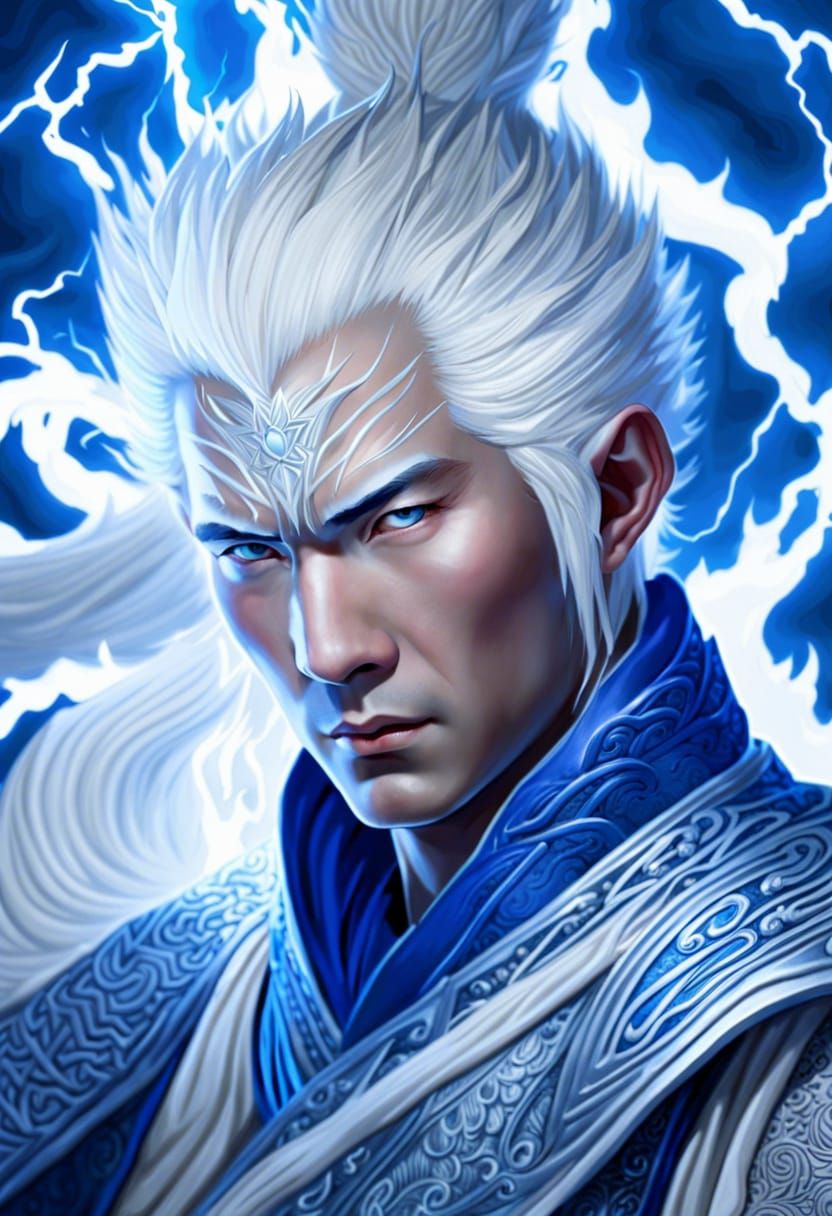 Hyperdetailed Portrait of an Asian Lightning God