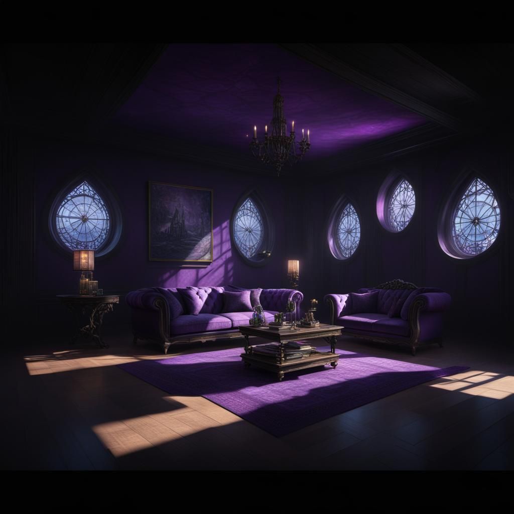 Witchy Wiccan penthouse with dark purple walls& hyperdetaile...