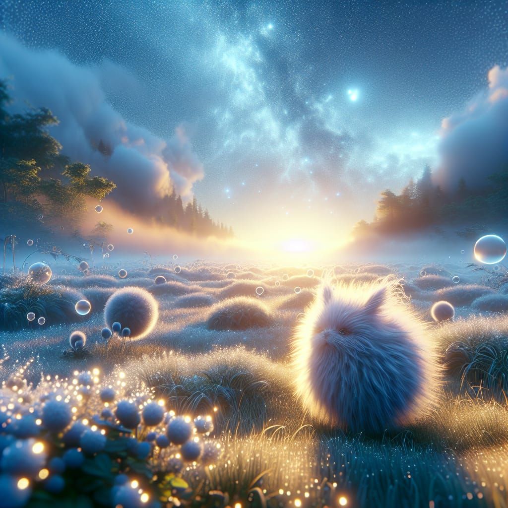 Adorable Fluffy Creature in Dawn Landscape