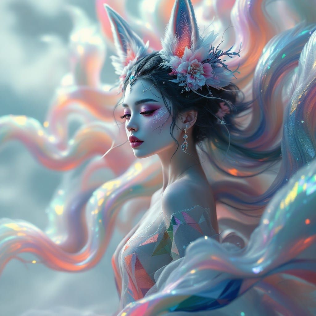 Ethereal Woman in Kitsune Makeup Floats Amidst Soft Waves