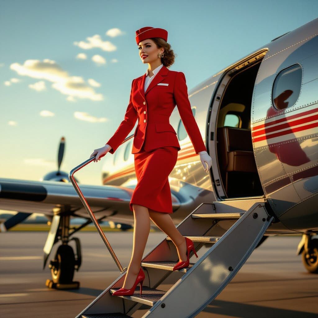 Elegant Flight Attendant Boards Vintage Airplane in Golden H...