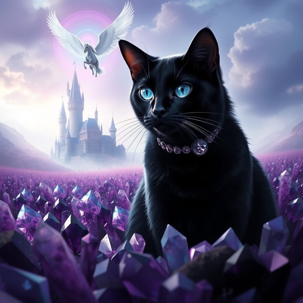 Majestic Black Cat in Amethyst Field with Castle and Pegasus