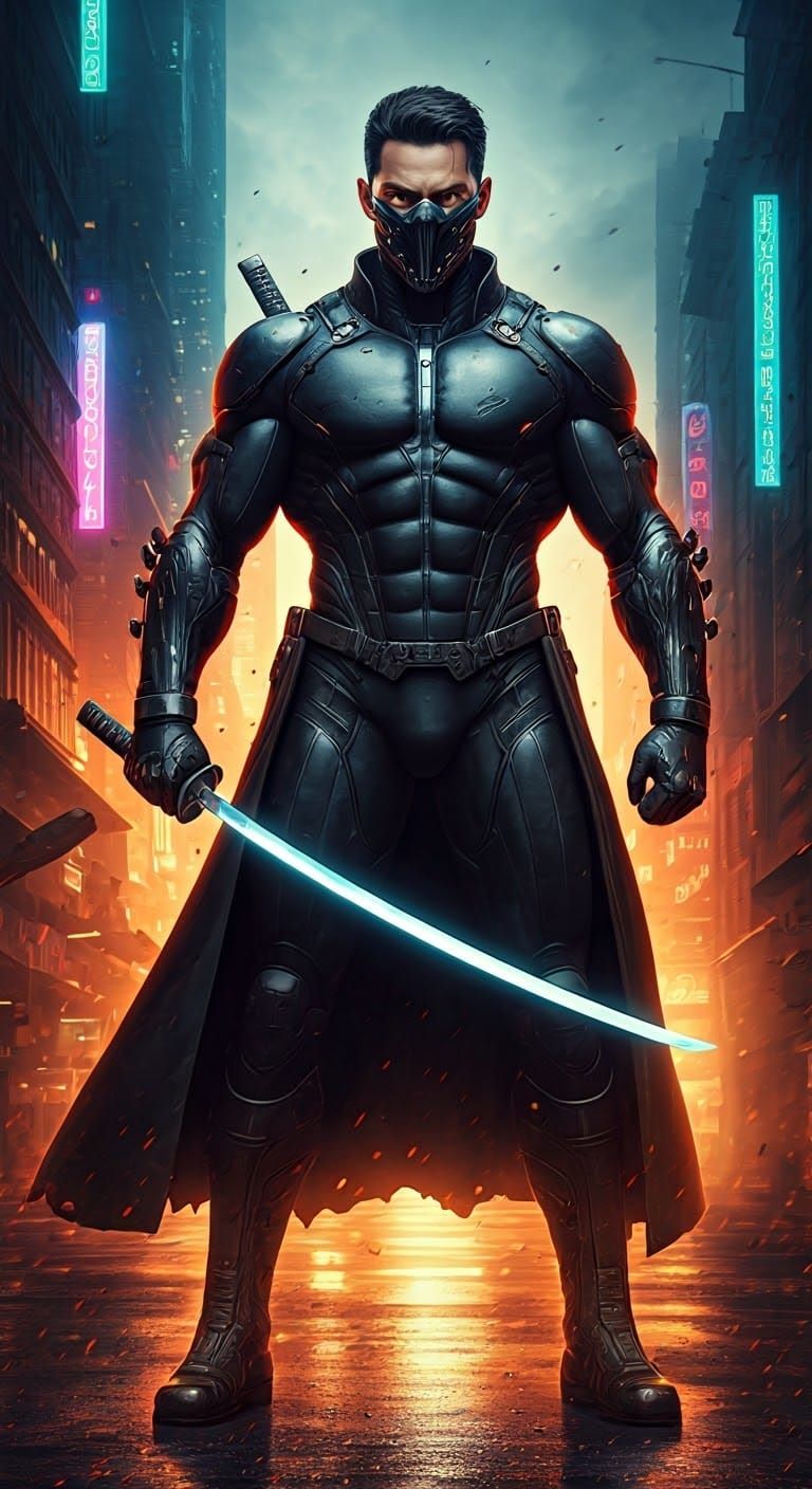 Futuristic Samurai Warrior in Cyberpunk Cityscape
