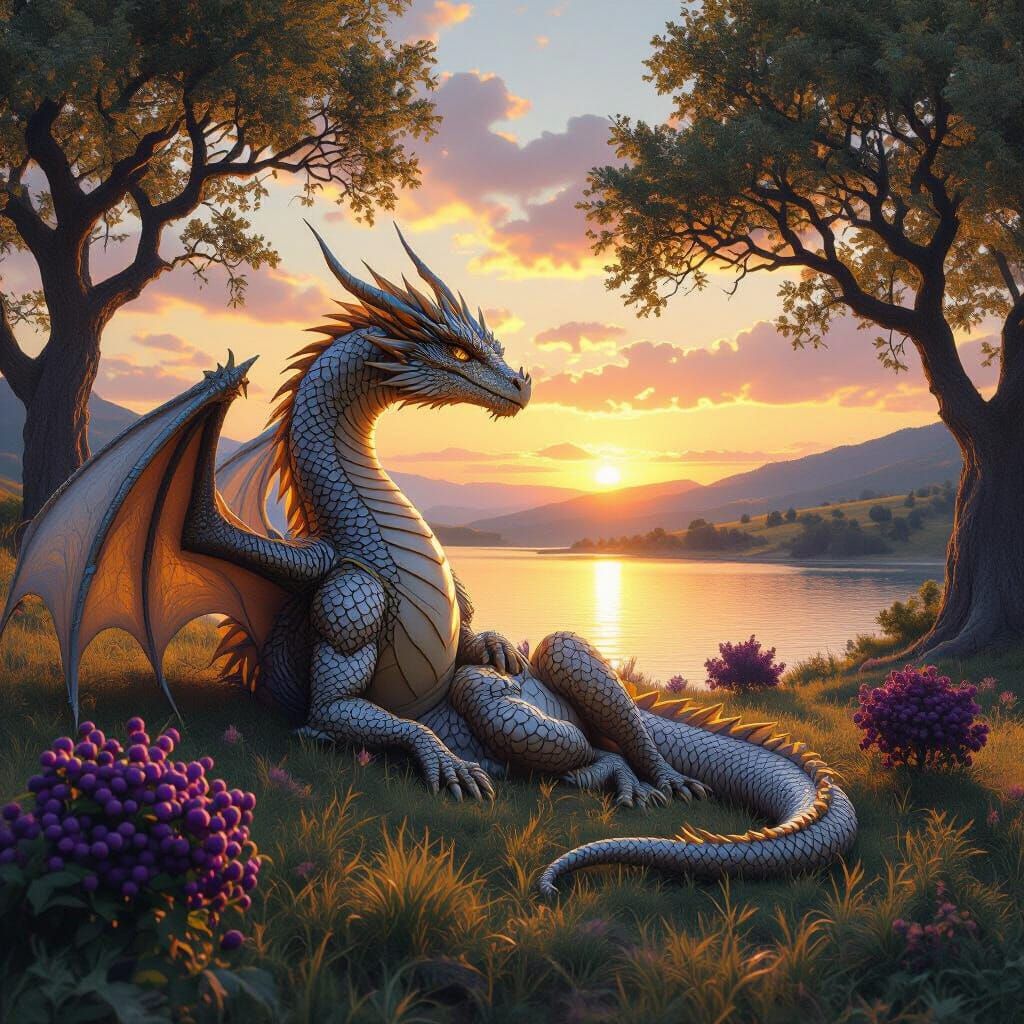 Majestic Dragon Reclining at Sunset: Hyperrealistic Art