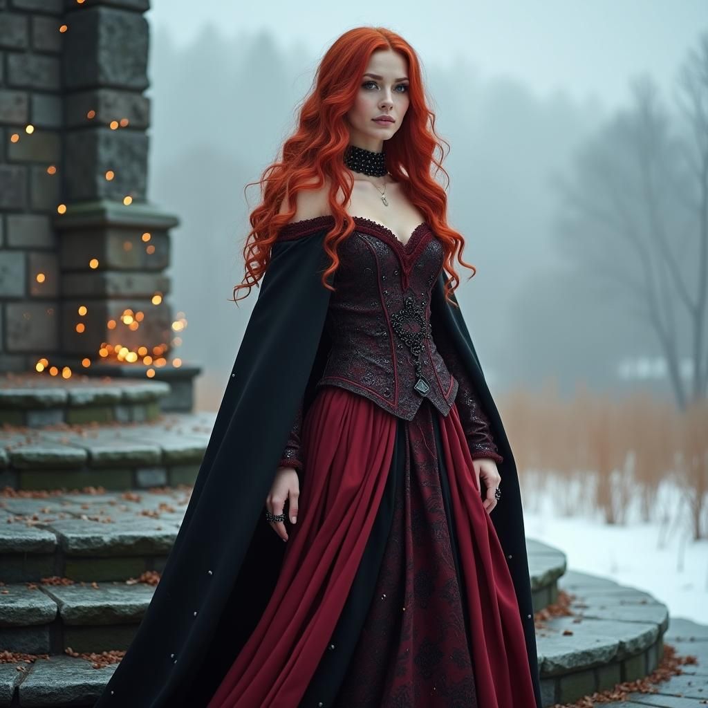 Attractive Redhead in Gothic Dress with Magical Sparkles