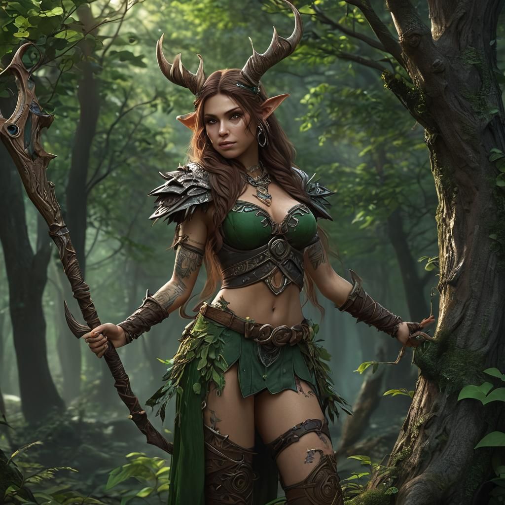 Fae Elf Druid with Bear in Dark Fantasy Style