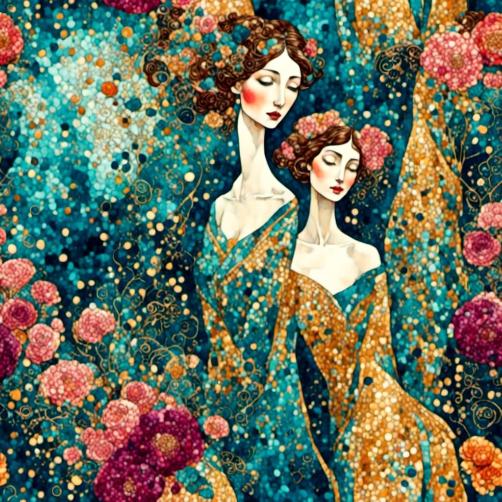 Elegant Women in Silk Dresses with Floral Bouquets