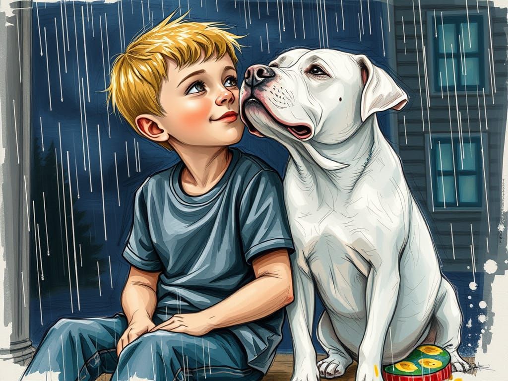 Boy and Dog on Porch During Rainy Night