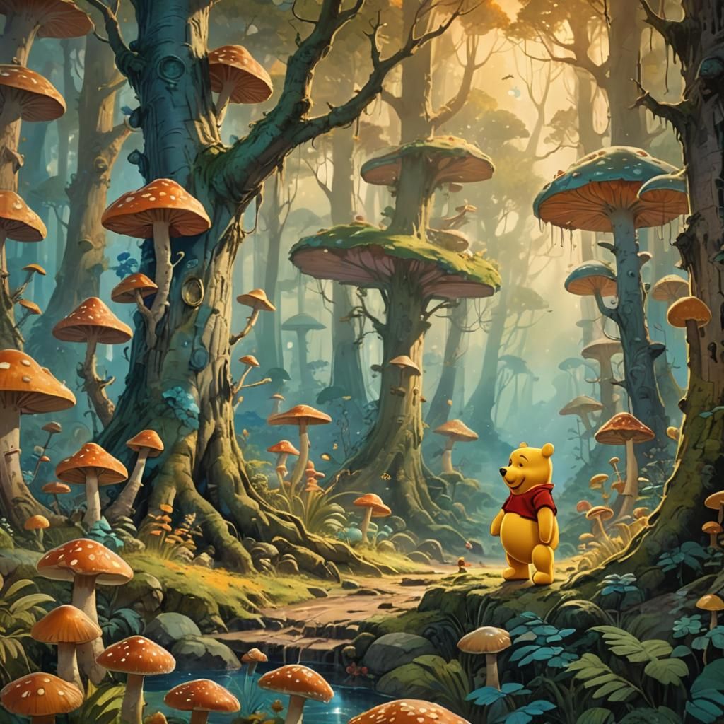 Winnie the Pooh in Enchanted Forest, Digital Art