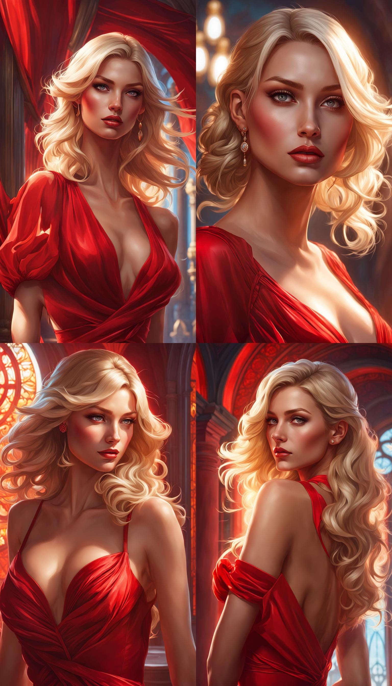 Blonde Woman in Red Dress, Detailed Digital Portrait