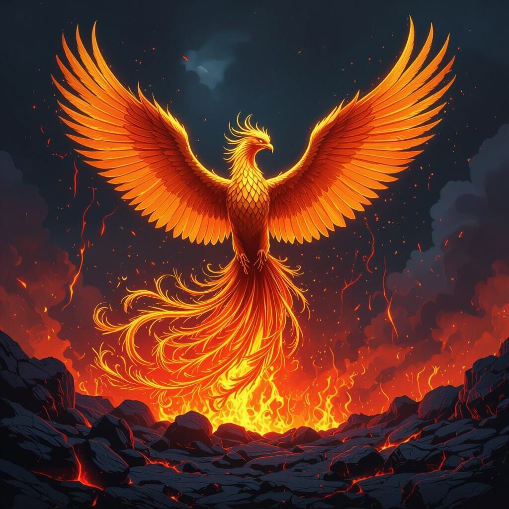 Golden Phoenix Rises From Volcano in Fiery Style