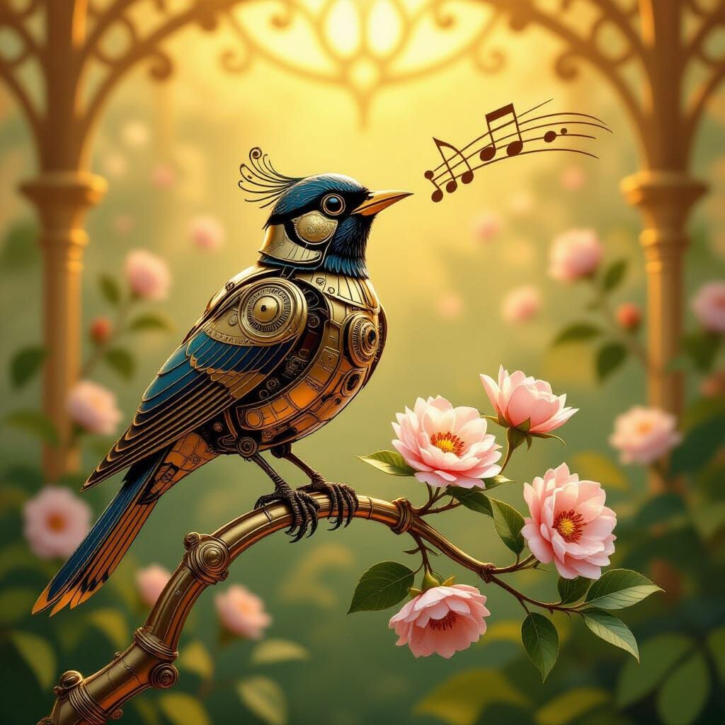 Clockwork Bird Blooms Flowers in Art Deco Garden