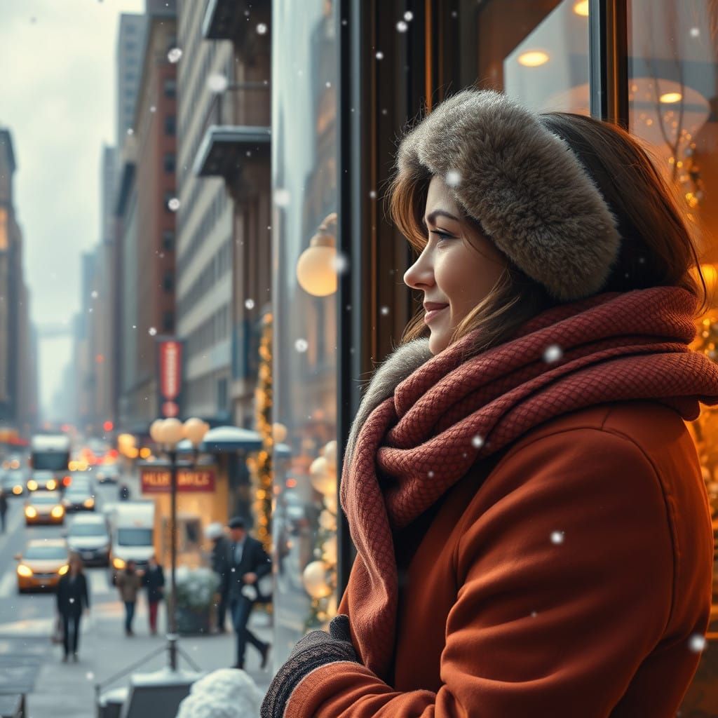 Warm NYC Christmas Scene with Cozy Woman and Snowy Streets