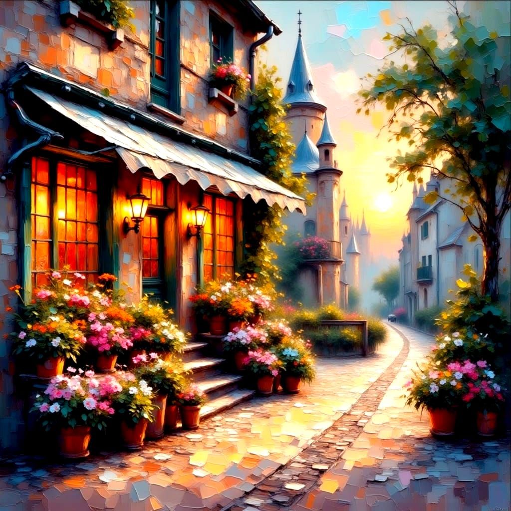 French Flower Shop at Dusk in Impressionist Style
