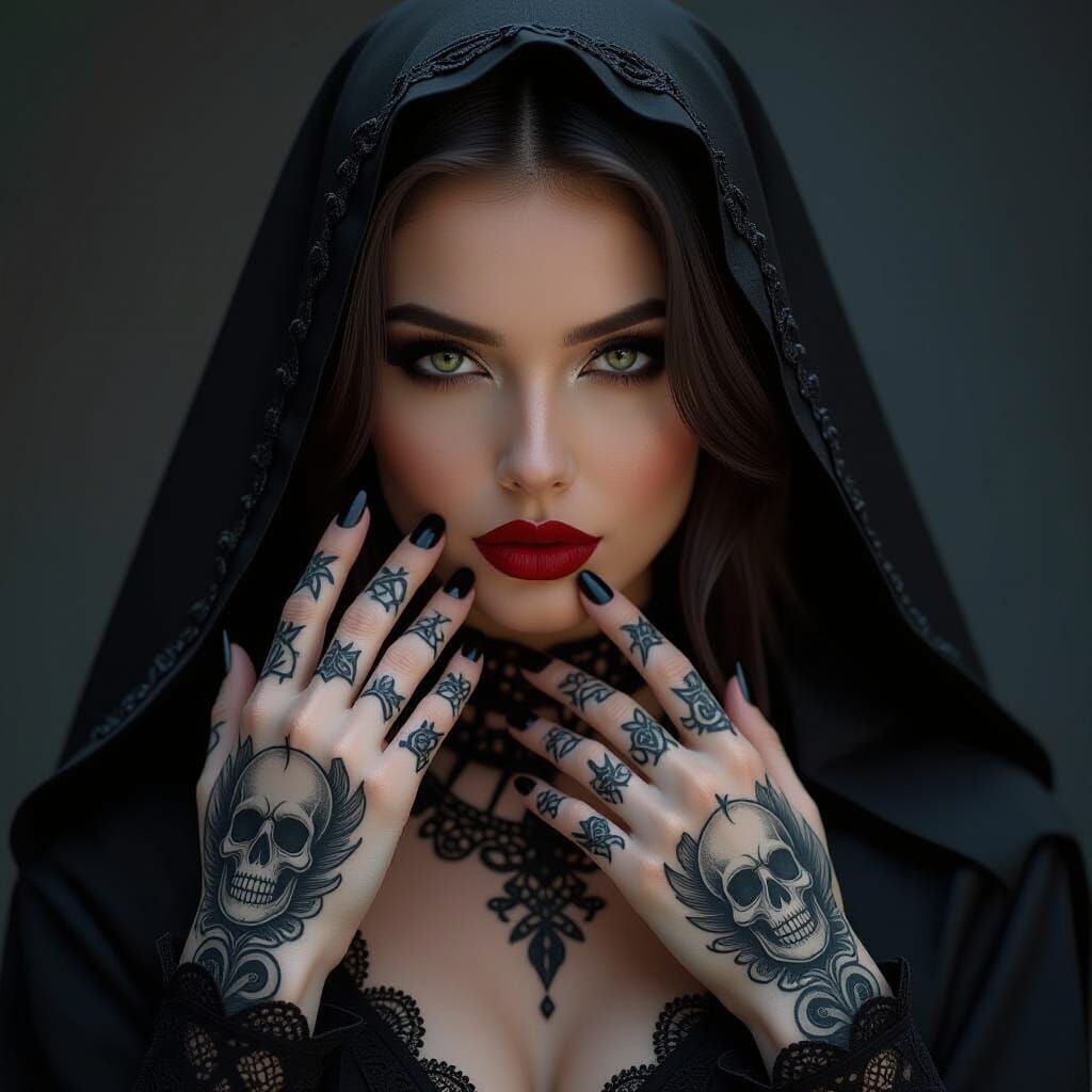 Woman with Skull Tattoos in Biomechanical Art Style