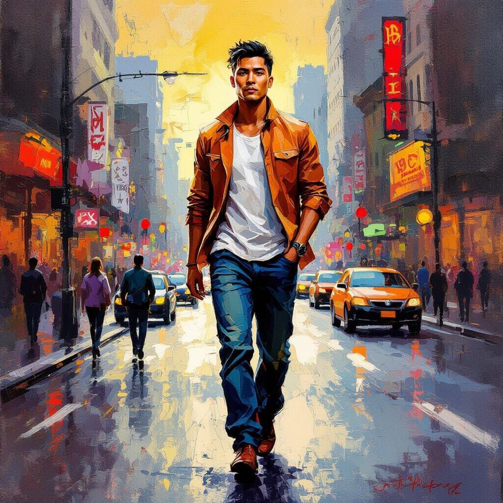 Filipino Man Walks with Swagger in Neo-Expressionist Style