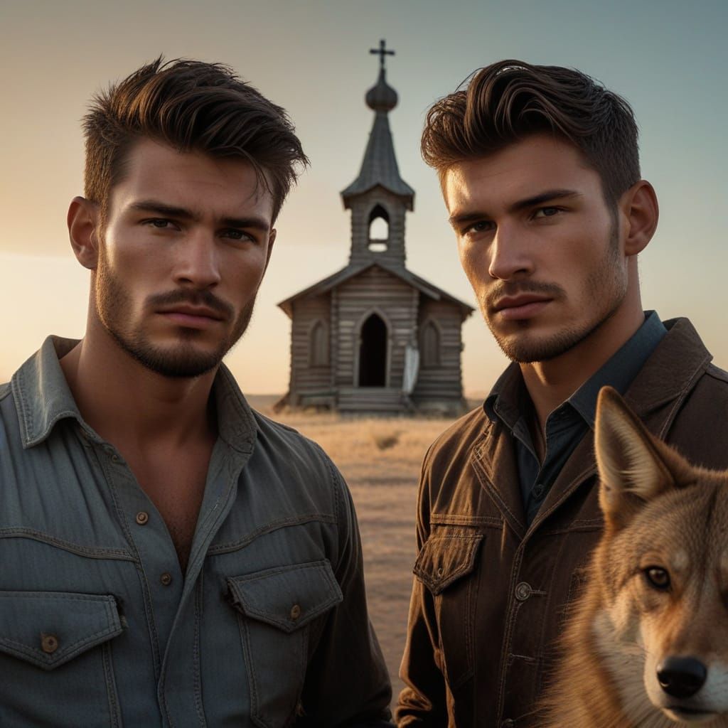 Cowboys in Front of a Lonesome Orthodox Church in the Wild W...