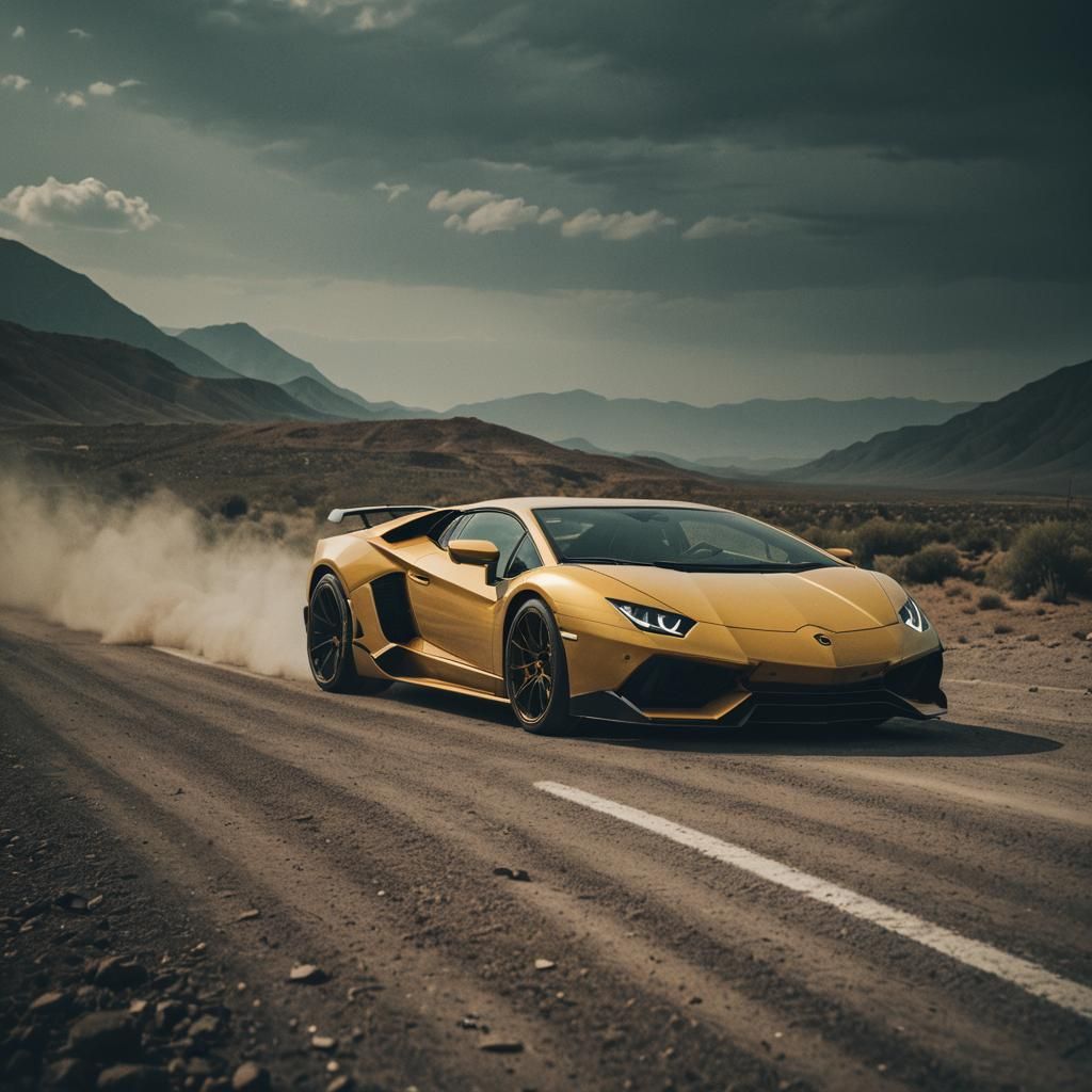 Dramatic Film Still of a Lamborghini