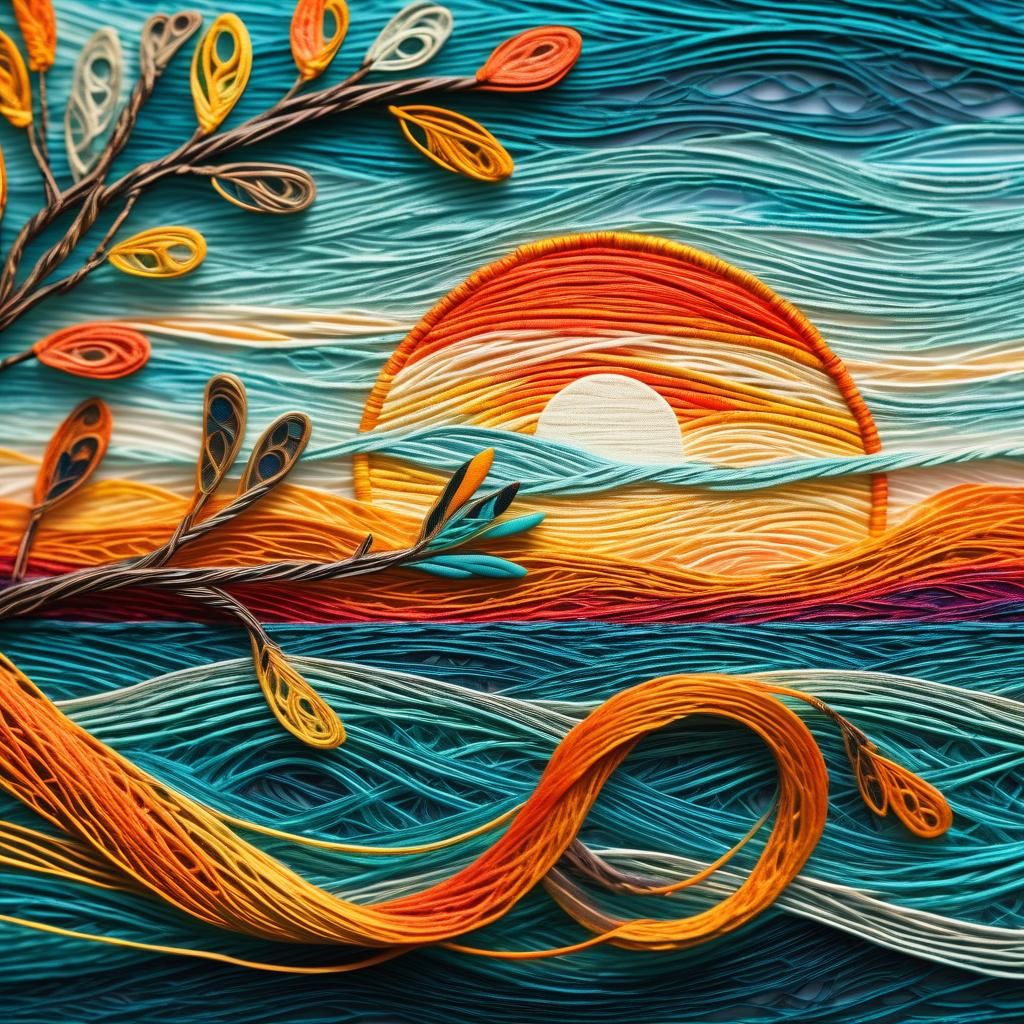 Vibrant folk art. Close-up. A sunset by the sea and waves ma...