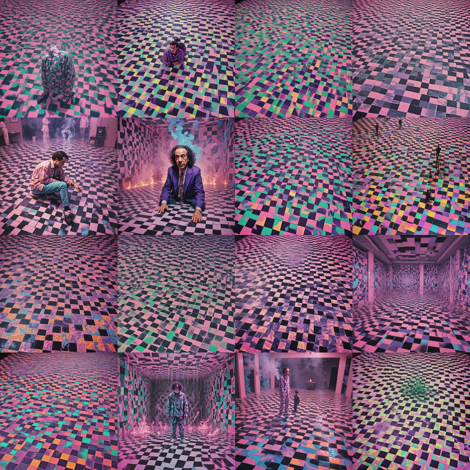 Surreal Vaporwave Dreamscape with Checkerboard Floor