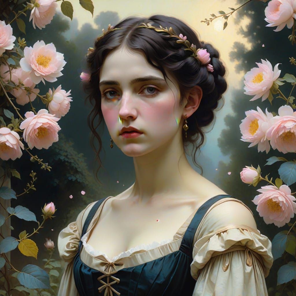 Emo Goth Girl in Garden, Baroque Oil Painting