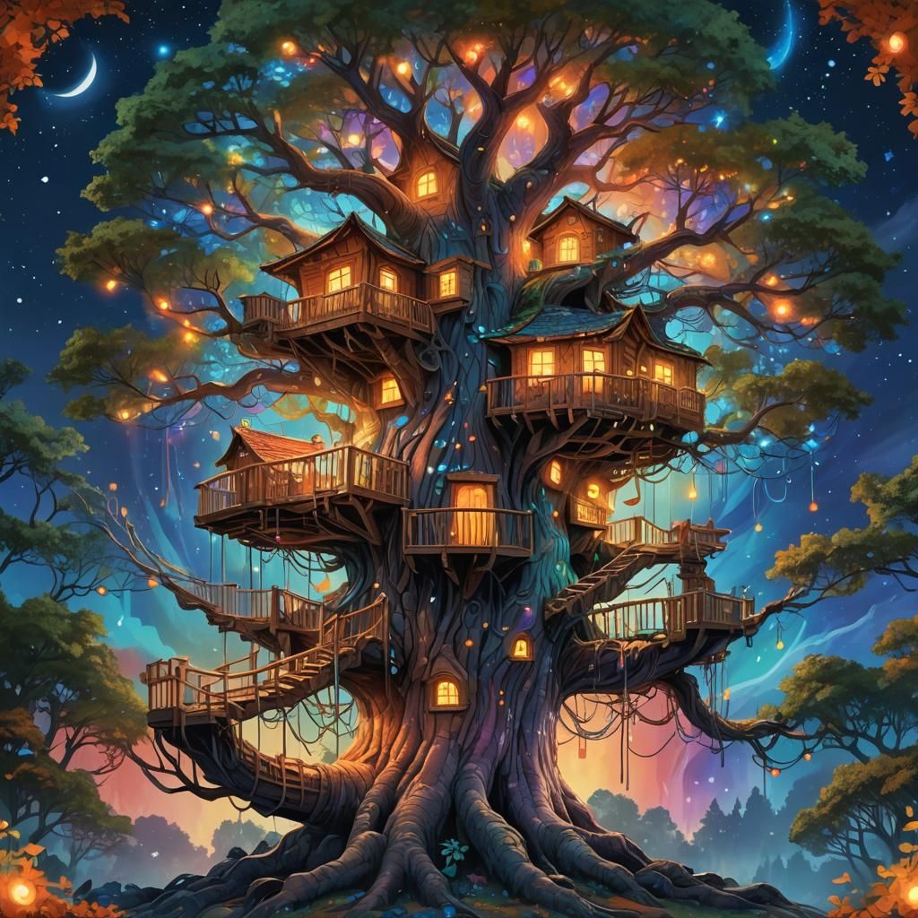 Majestic Treehouse in Enchanted Forest: Fantasy Art