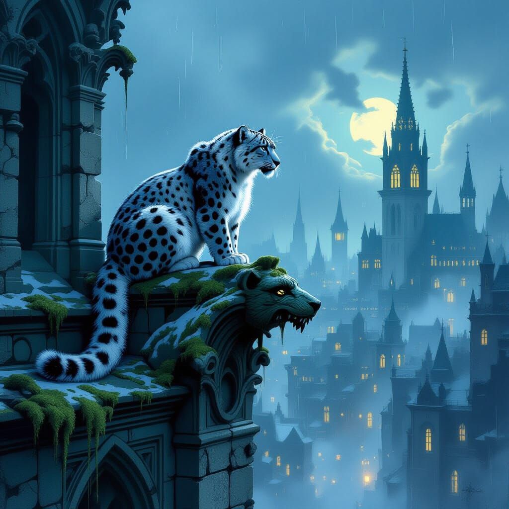 Snow Leopard on Gargoyle Overlooking Gothic City