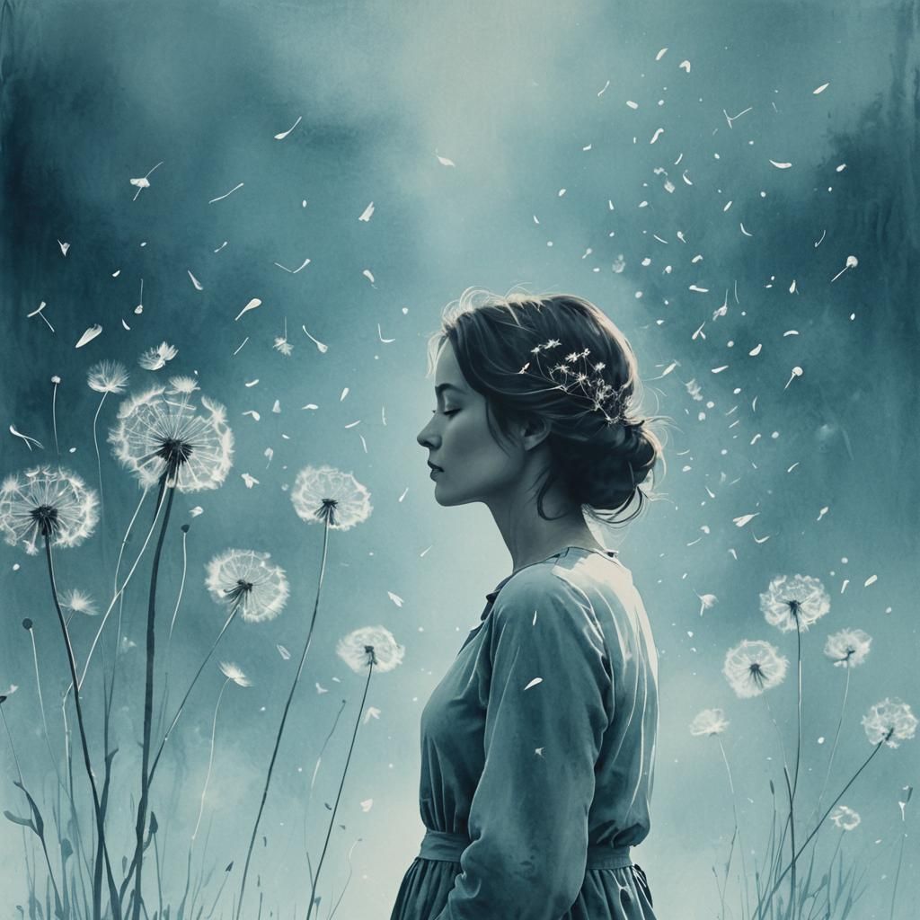 Dreamy Woman Silhouette with Dandelion Seeds