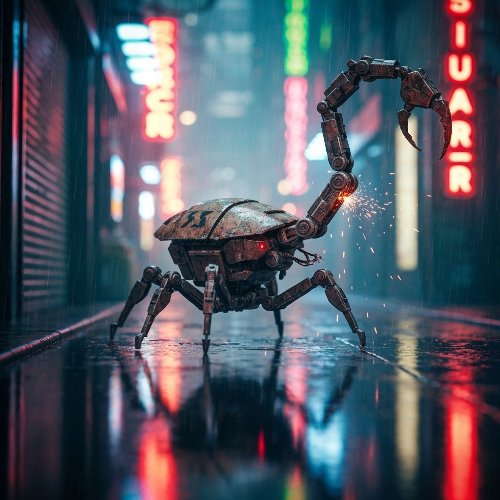 Cyberpunk Scorpion Droid Scuttles Through Neon Alley