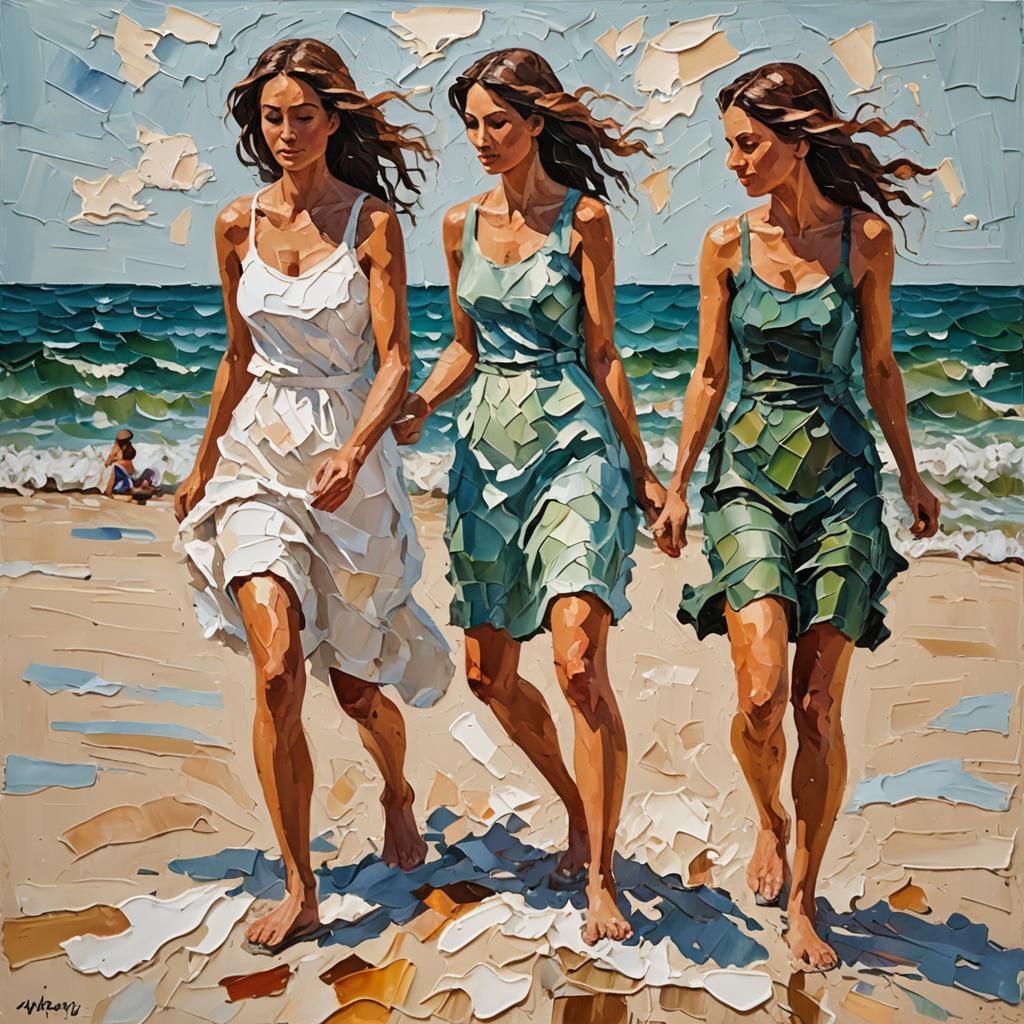Impasto Painting of Women on a Beach