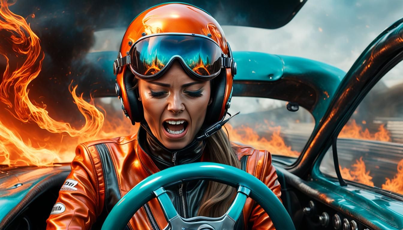 Burning Fear: Girl in Racing Car, Hyperrealistic Art