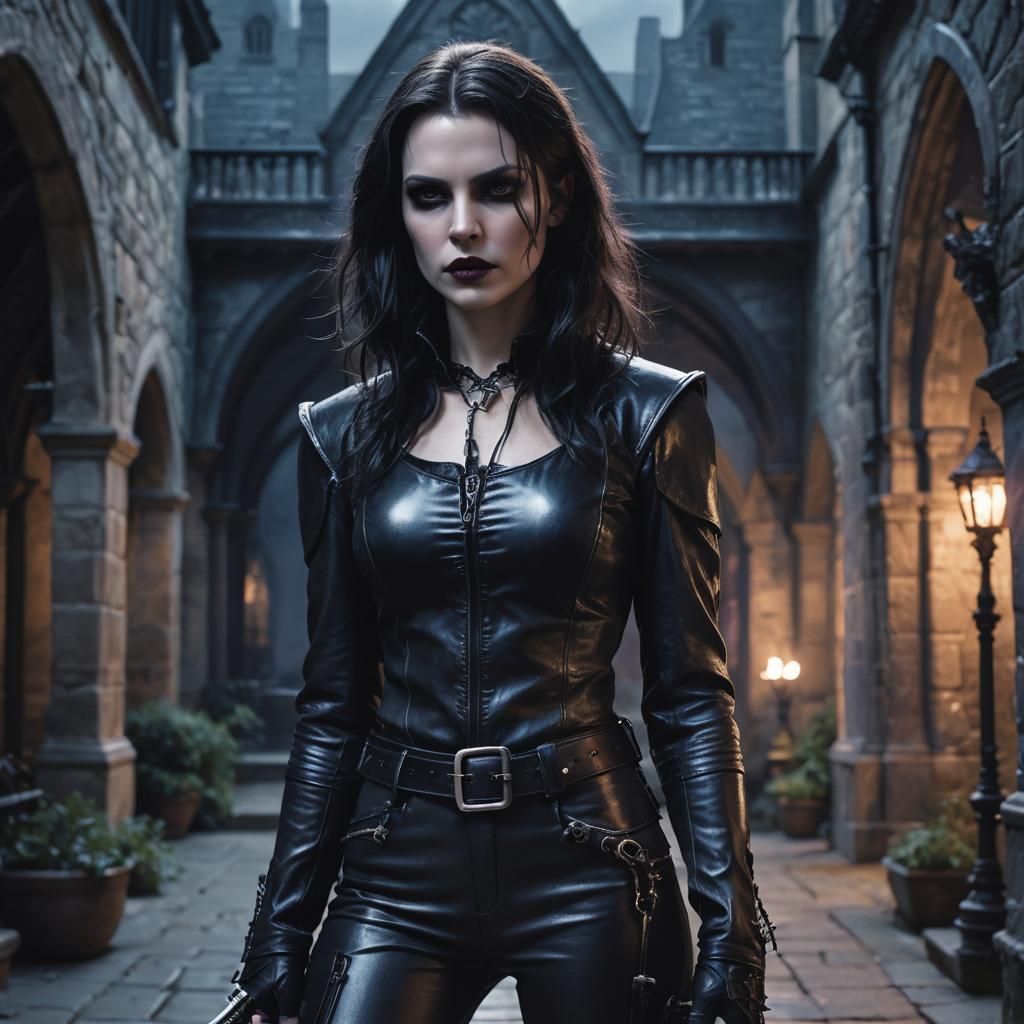 Vampire Warrior in Gothic Courtyard: Fantasy Art