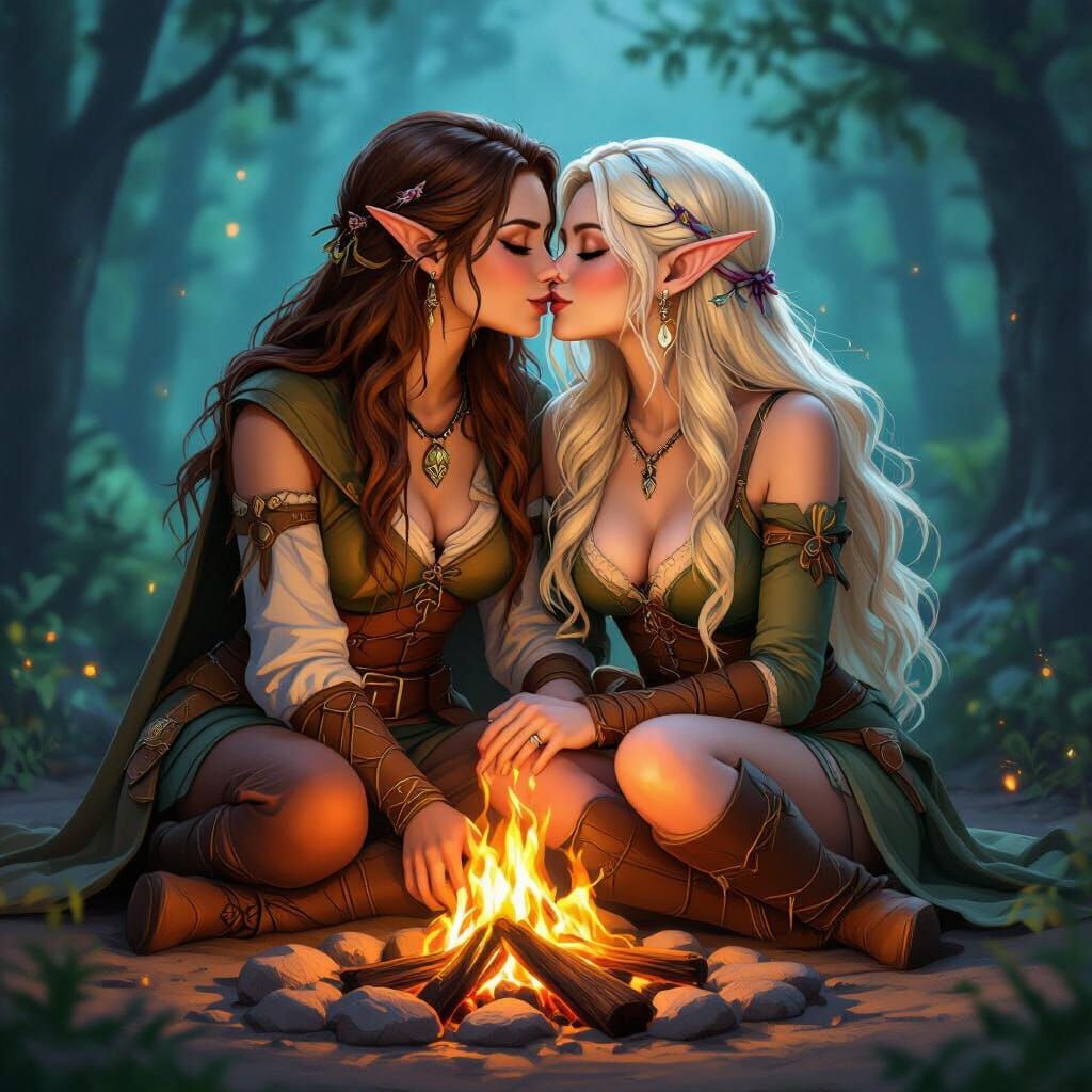 Fantasy Women Share a Kiss by Campfire